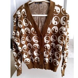 Yin yang brown /white oversized button up sweater cardigan XL W hippie boho soft